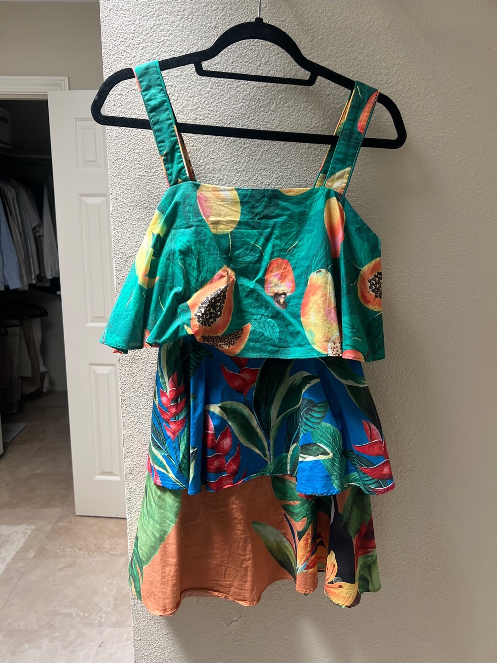 FARM Rio Teal & Blue Tropical Fruit Tiered Mini Dress
